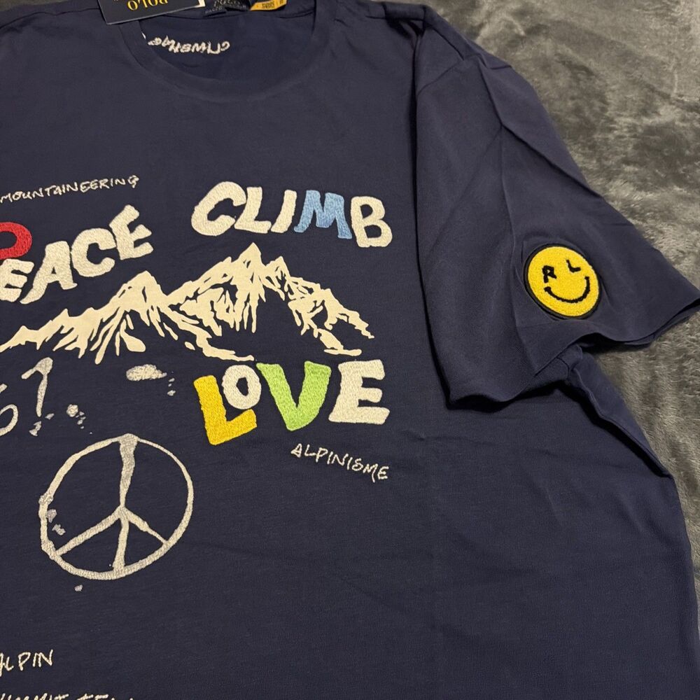 2XB POLO RALPH LAUREN Mens Big&Tall Navy “PEACE CLIMB LOVE” Graphic T-Shirt - Picture 2 of 16